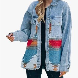 Denim Jacket with Southwestern Pattern
